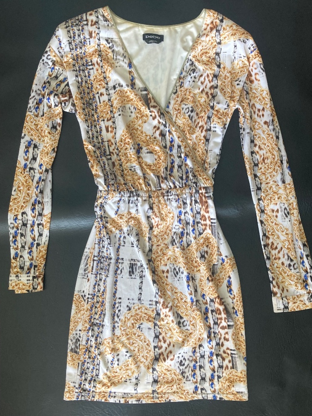 Bebe white yellow blue v neck wrap long sleeve top dress xs